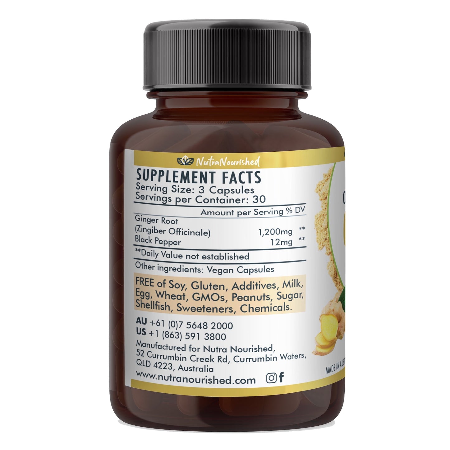 Organic vegan ginger capsules from Hlpmedical, 90 vegan dietary supplement capsules for health and wellness.