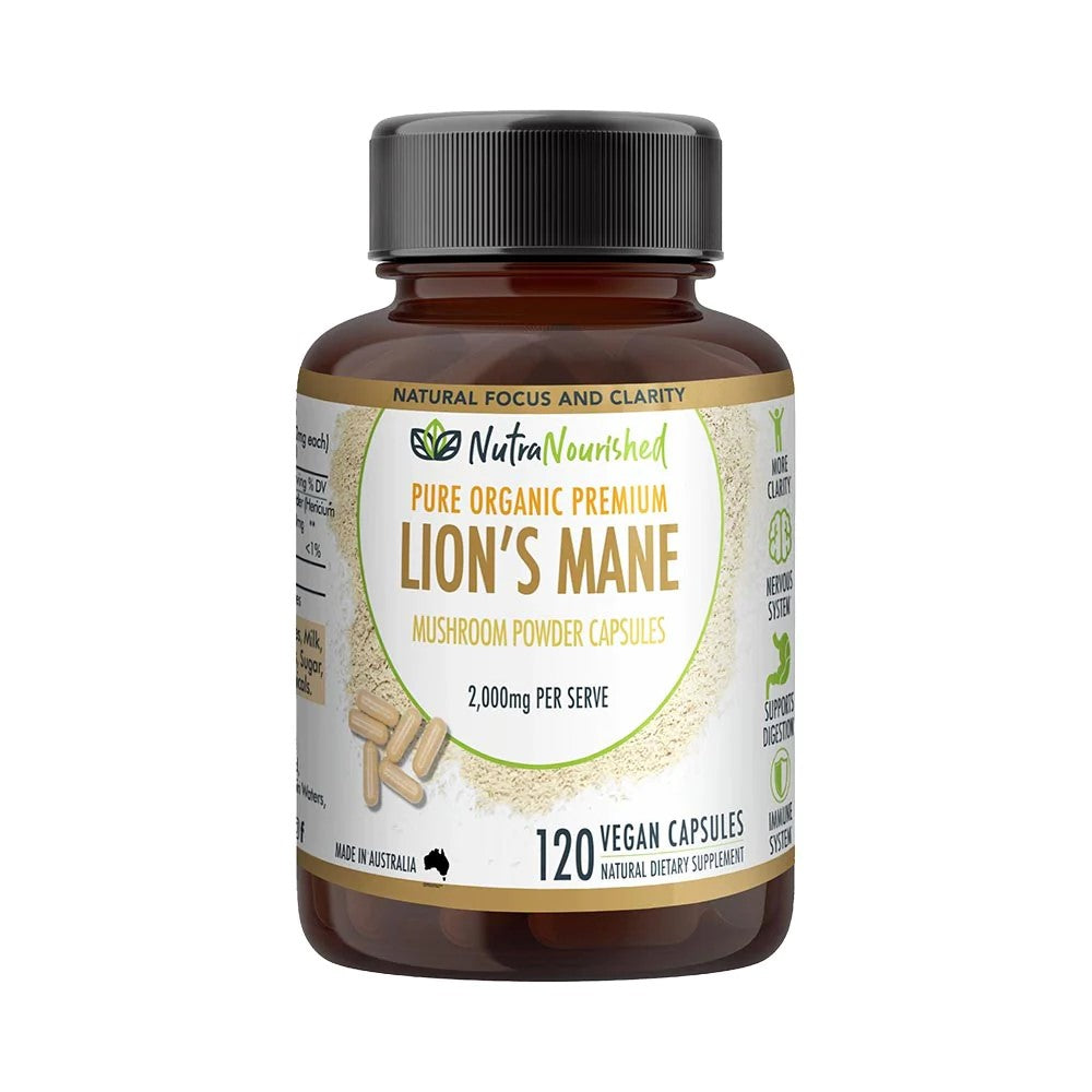 Vegan capsules of Lion's Mane Mushroom Hericium erinaceus supplement, 2000mg, in a bottle, for health and cognitive support.