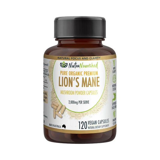 Vegan capsules of Lion's Mane Mushroom Hericium erinaceus supplement, 2000mg, in a bottle, for health and cognitive support.