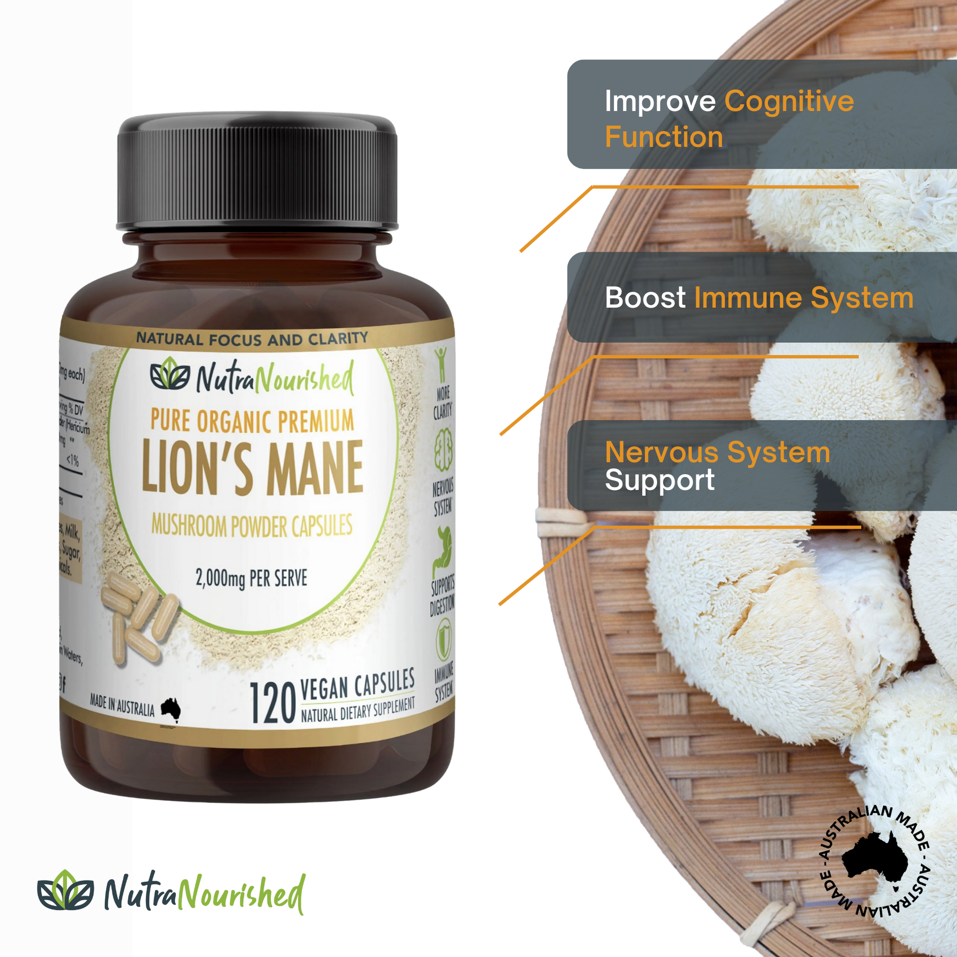 Vegan capsules of Lion's Mane Mushroom Hericium erinaceus supplement, 2,000mg, in a bottle, for health and cognitive support.