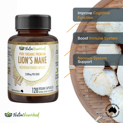 Vegan capsules of Lion's Mane Mushroom Hericium erinaceus supplement, 2,000mg, in a bottle, for health and cognitive support.