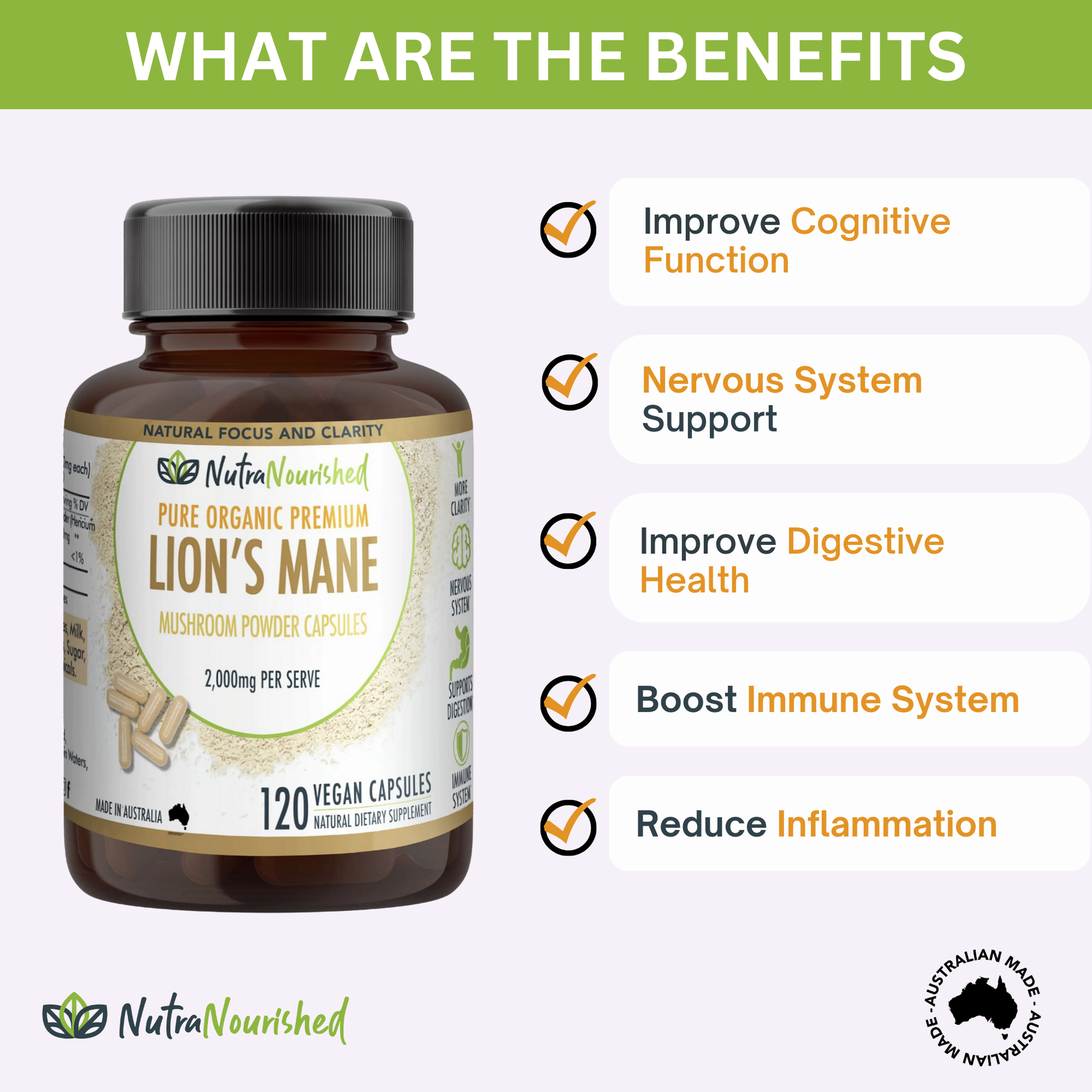 Vegan capsules of Lion's Mane Mushroom Hericium erinaceus supplement by Hlpmedical, 120 capsules for health and cognitive support