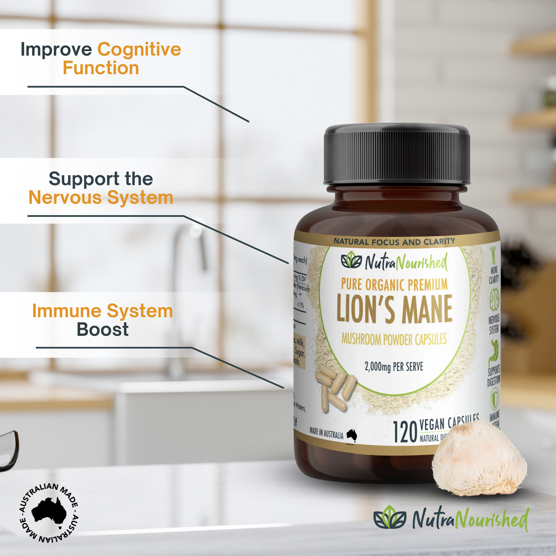 Vegan capsules of Lion's Mane Mushroom Hericium erinaceus supplement by Hlpmedical, 120 capsules for cognitive health support.