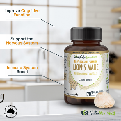 Vegan capsules of Lion's Mane Mushroom Hericium erinaceus supplement by Hlpmedical, 120 capsules for cognitive health support.