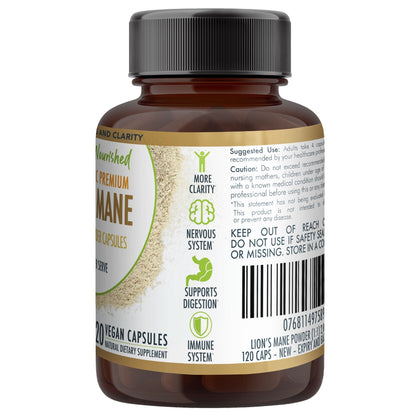 Hlpmedical Lion's Mane Mushroom Hericium erinaceus vegan capsules, 2,000mg, in a bottle for health and cognitive support.