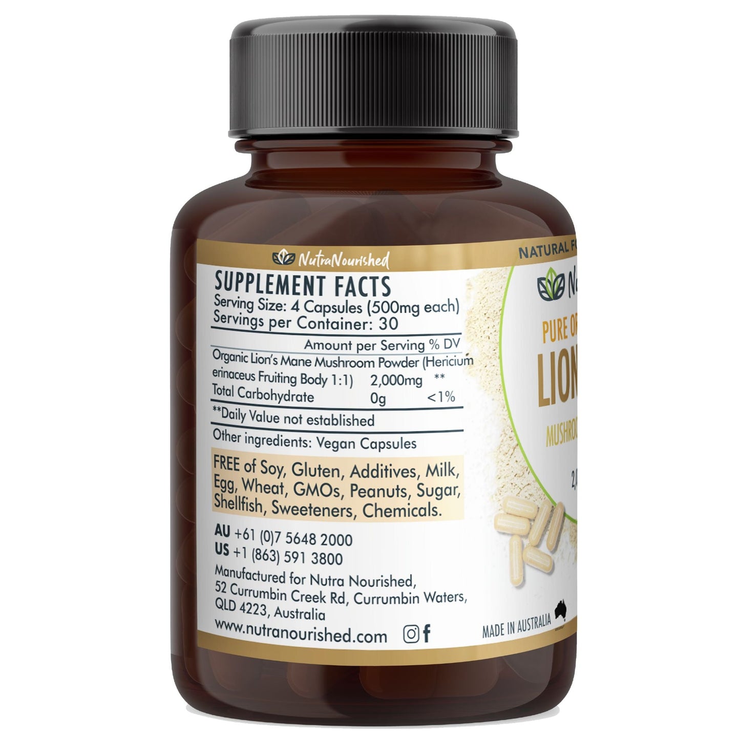 Vegan capsules of Lion's Mane Mushroom Hericium erinaceus supplement by Hlpmedical, 120 capsules for health and cognitive support