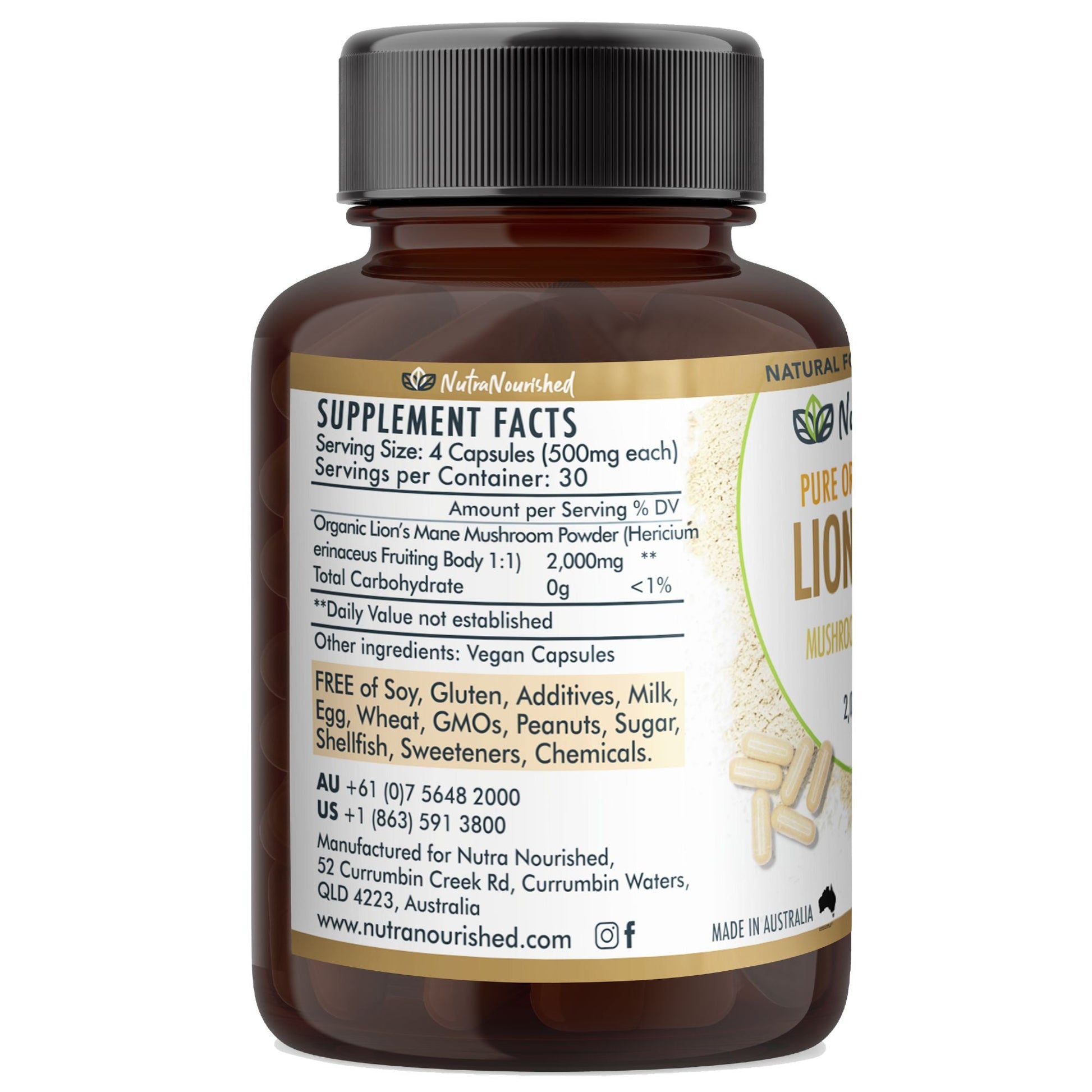 Vegan capsules of Lion's Mane Mushroom Hericium erinaceus supplement by Hlpmedical, 120 capsules for health and cognitive support