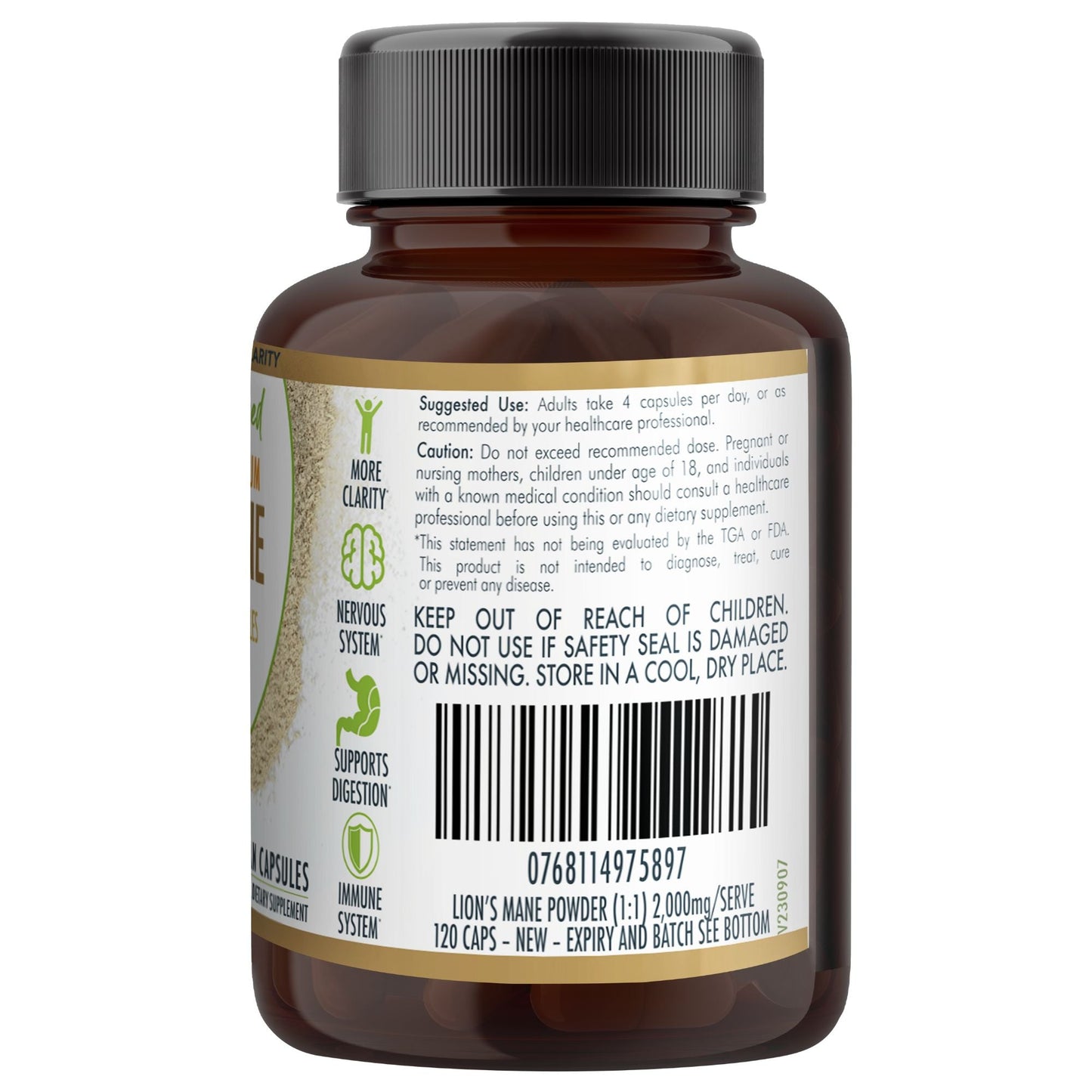 Vegan capsules of Lion's Mane Mushroom Hericium erinaceus supplement by Hlpmedical, 120 capsules for brain health and memory support