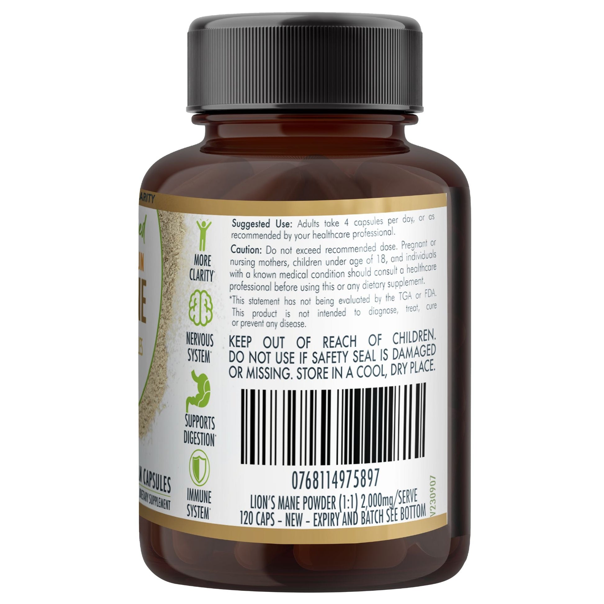 Vegan capsules of Lion's Mane Mushroom Hericium erinaceus supplement by Hlpmedical, 120 capsules for brain health and memory support