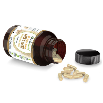 Vegan capsules of Lion's Mane Mushroom Hericium erinaceus supplement, 2,000mg, in a bottle for health and cognitive support.