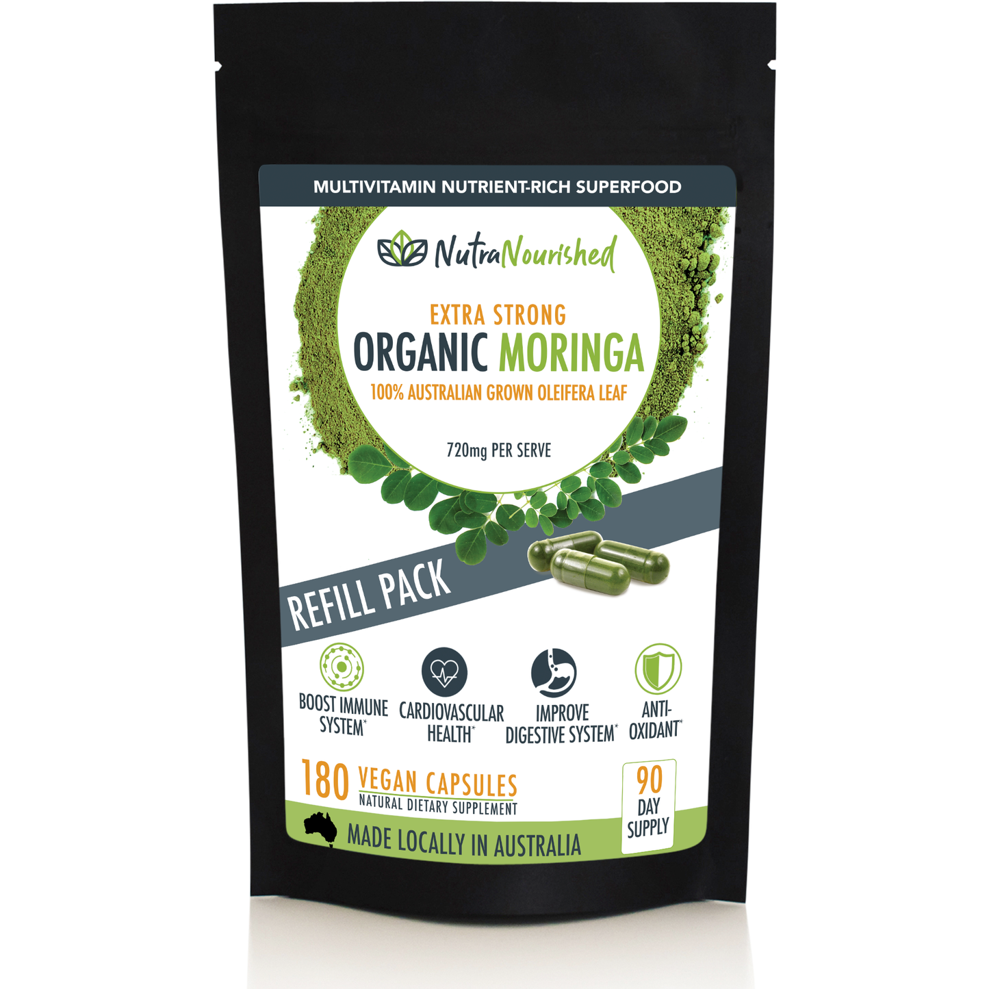 Refill bag of 180 vegan organic Moringa leaf capsules by Hlpmedical for health and nutritional supplement use.