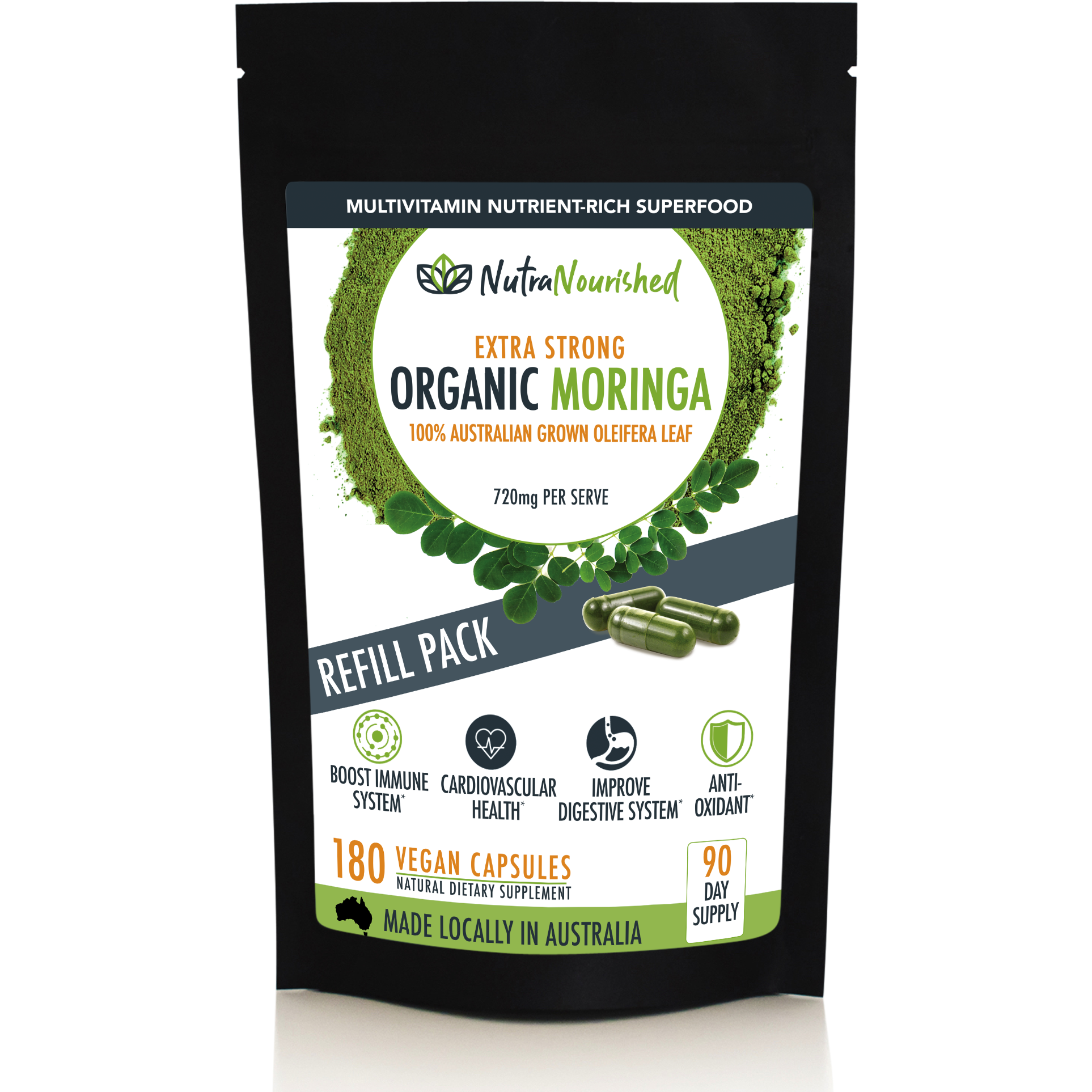 Refill bag of 180 vegan organic Moringa leaf capsules by Hlpmedical for health and nutritional supplement use.