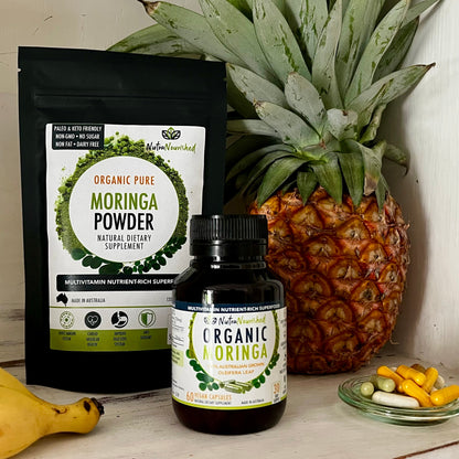 Organic Moringa Leaf Capsules refill bag by Hlpmedical, 180 vegan capsules for health and nutritional supplements.