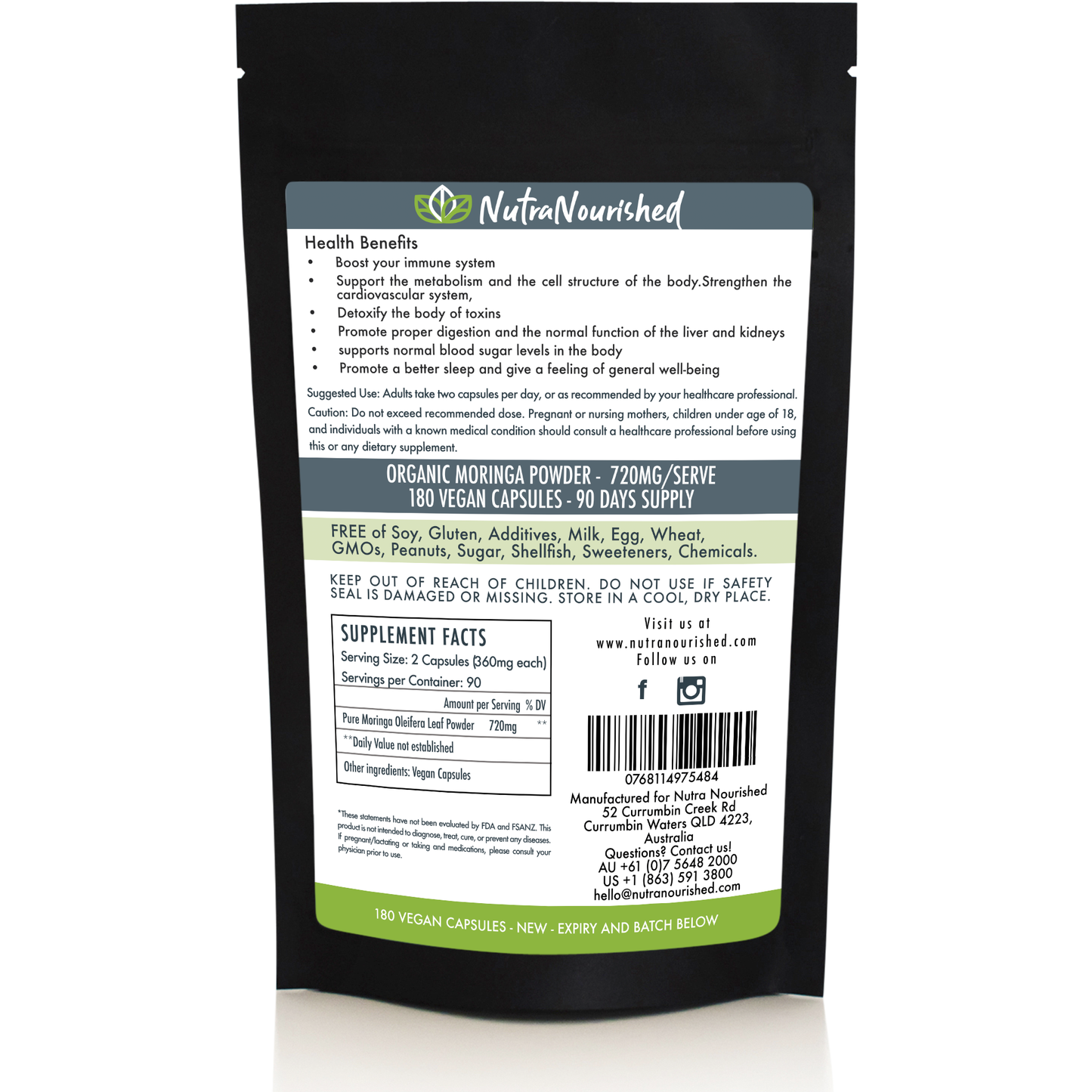 Refill bag of 180 vegan Organic Moringa Leaf Capsules by Hlpmedical for natural health and dietary supplement use.