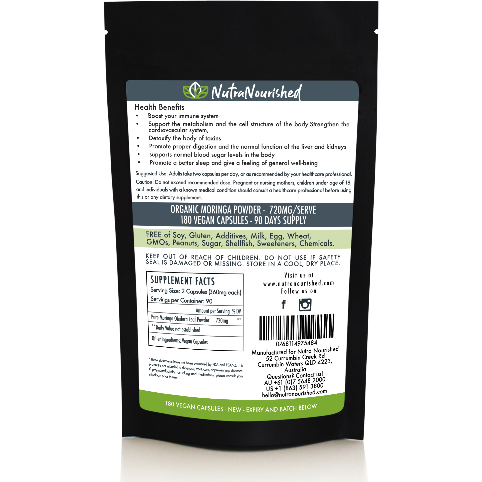 Refill bag of 180 vegan Organic Moringa Leaf Capsules by Hlpmedical for natural health and dietary supplement use.