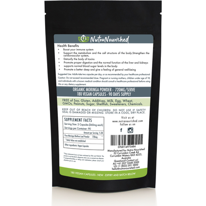 Refill bag of 180 vegan Organic Moringa Leaf Capsules by Hlpmedical for natural health and dietary supplement use.