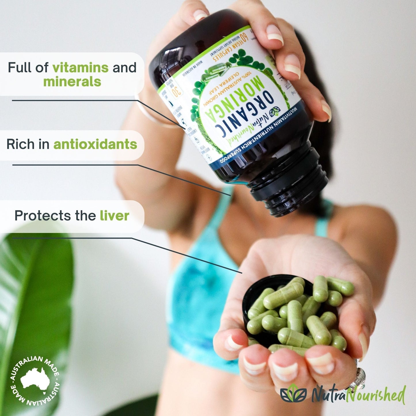 Refill bag of 180 organic Moringa leaf capsules by Hlpmedical, vegan dietary supplement for health and wellness.