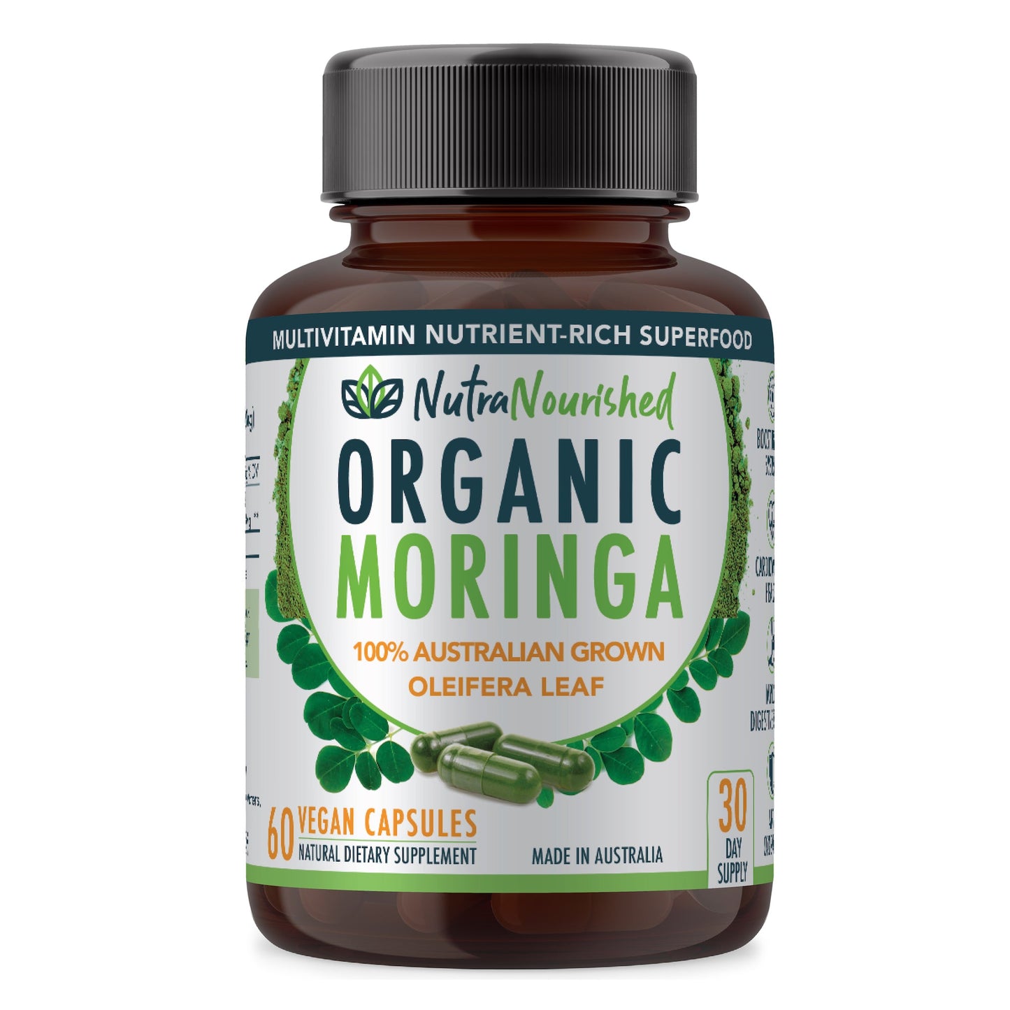 Organic pure Moringa leaf capsules from Hlpmedical, 60 vegan capsules for health and nutritional supplement use.