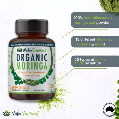 Organic pure Moringa leaf capsules by Hlpmedical, 60 vegan capsules, supplement with natural green Moringa leaves in a bottle.