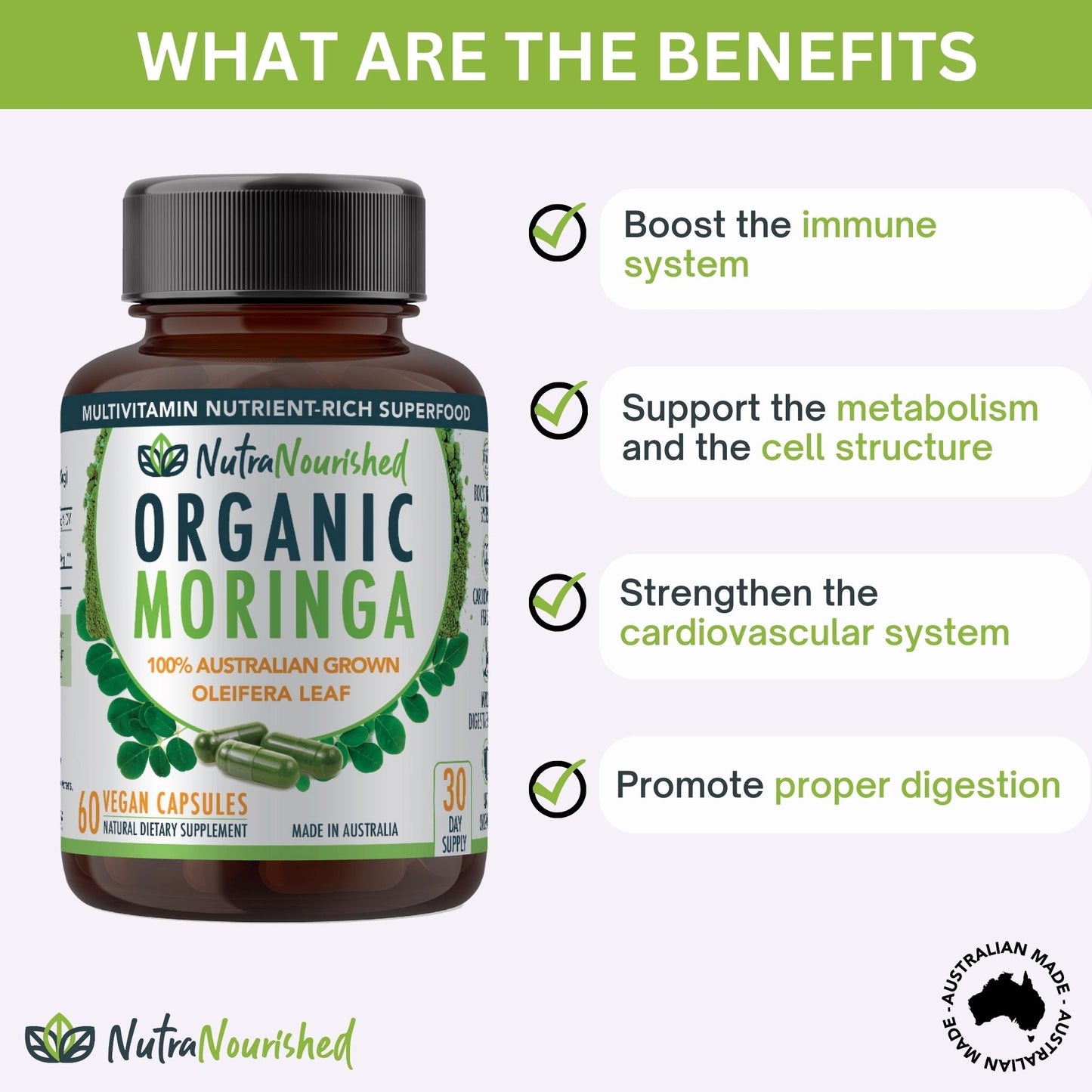Organic pure Moringa leaf capsules by Hlpmedical, 60 vegan capsules for health and nutritional support.