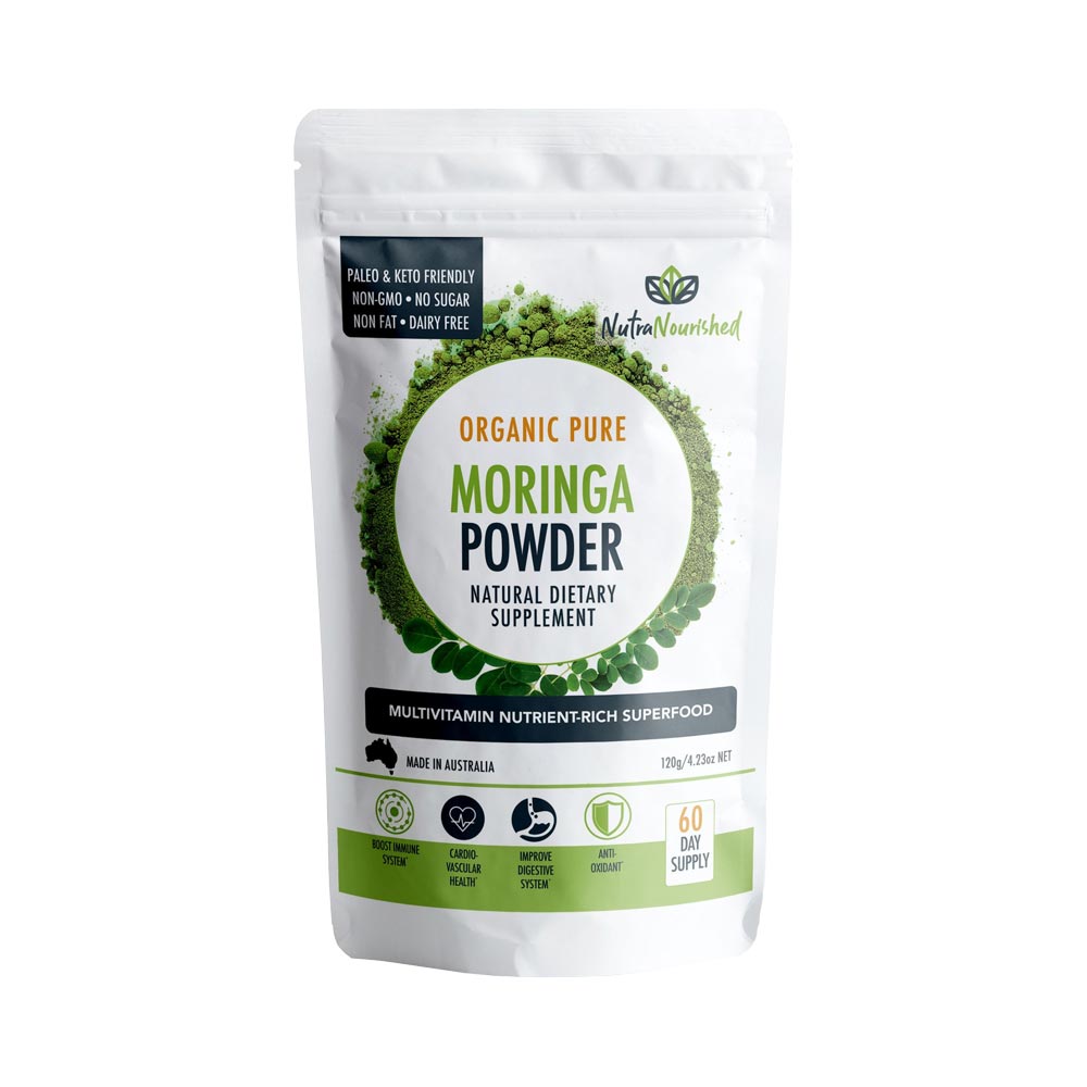 Organic Moringa leaf powder from Hlpmedical, 120g, vibrant green powder in a jar, used for health and nutritional supplements.