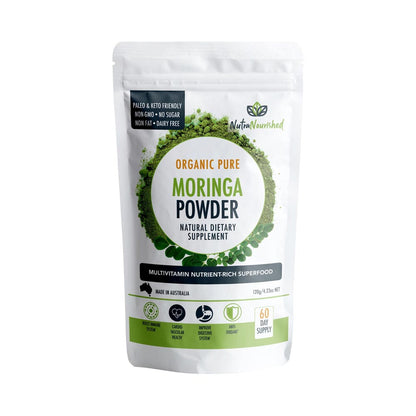 Organic Moringa leaf powder from Hlpmedical, 120g, vibrant green powder in a jar, used for health and nutritional supplements.