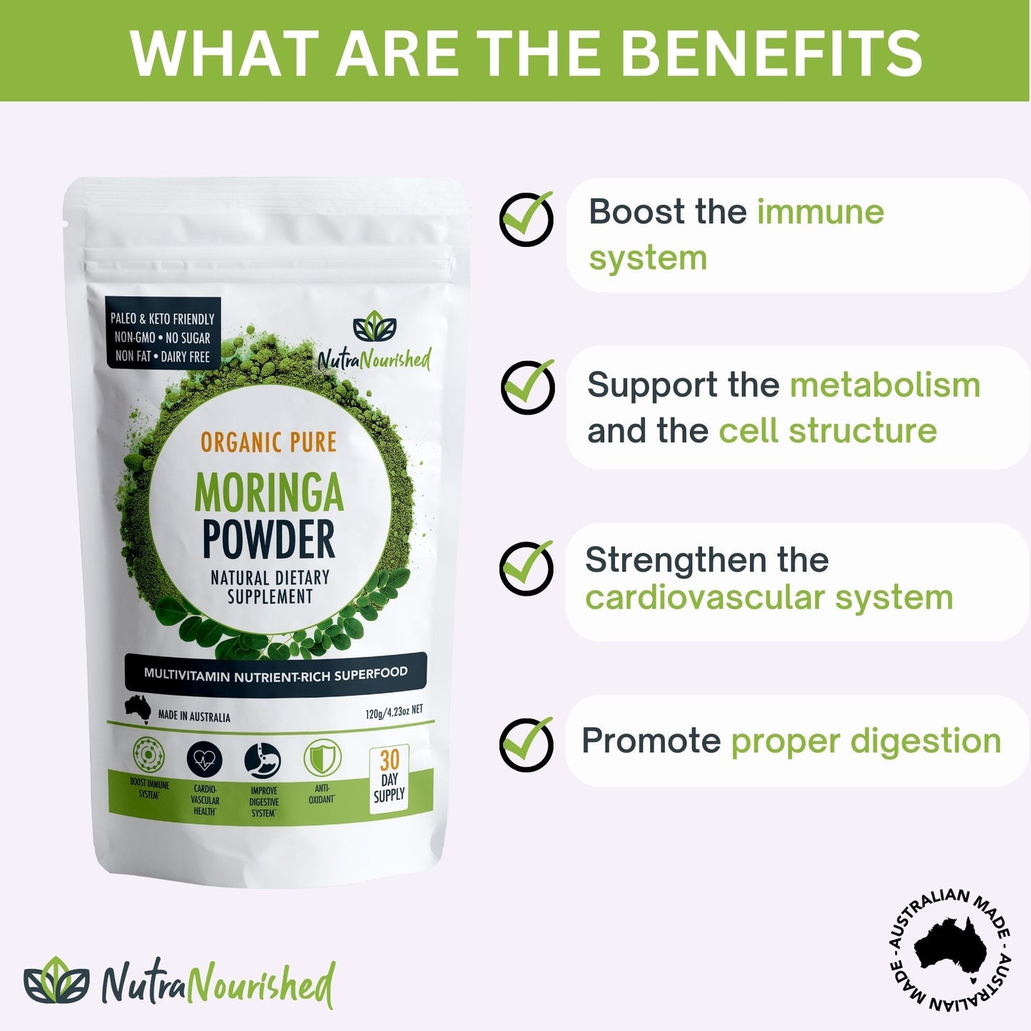 Organic Moringa leaf powder from Hlpmedical, 120g, showing vibrant green powder in a clear container, ideal for health and nutrition.