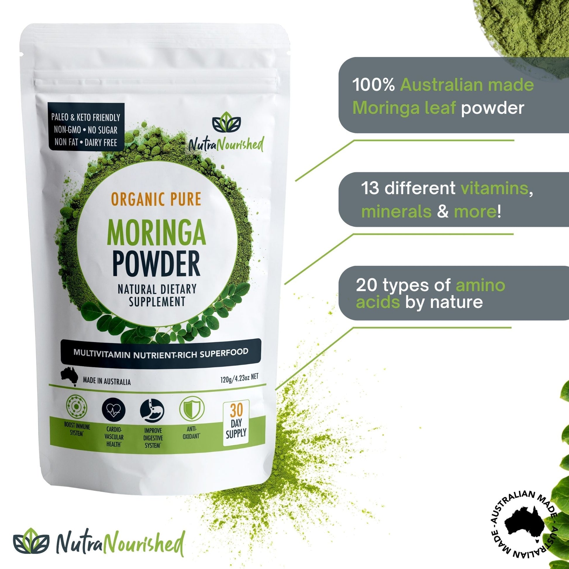 Organic Moringa leaf powder in a 120g package, Hlpmedical brand, shown in a clear container with fresh green leaves.