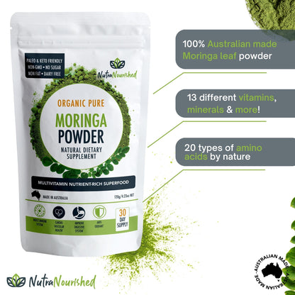 Organic Moringa leaf powder in a 120g package, Hlpmedical brand, shown in a clear container with fresh green leaves.