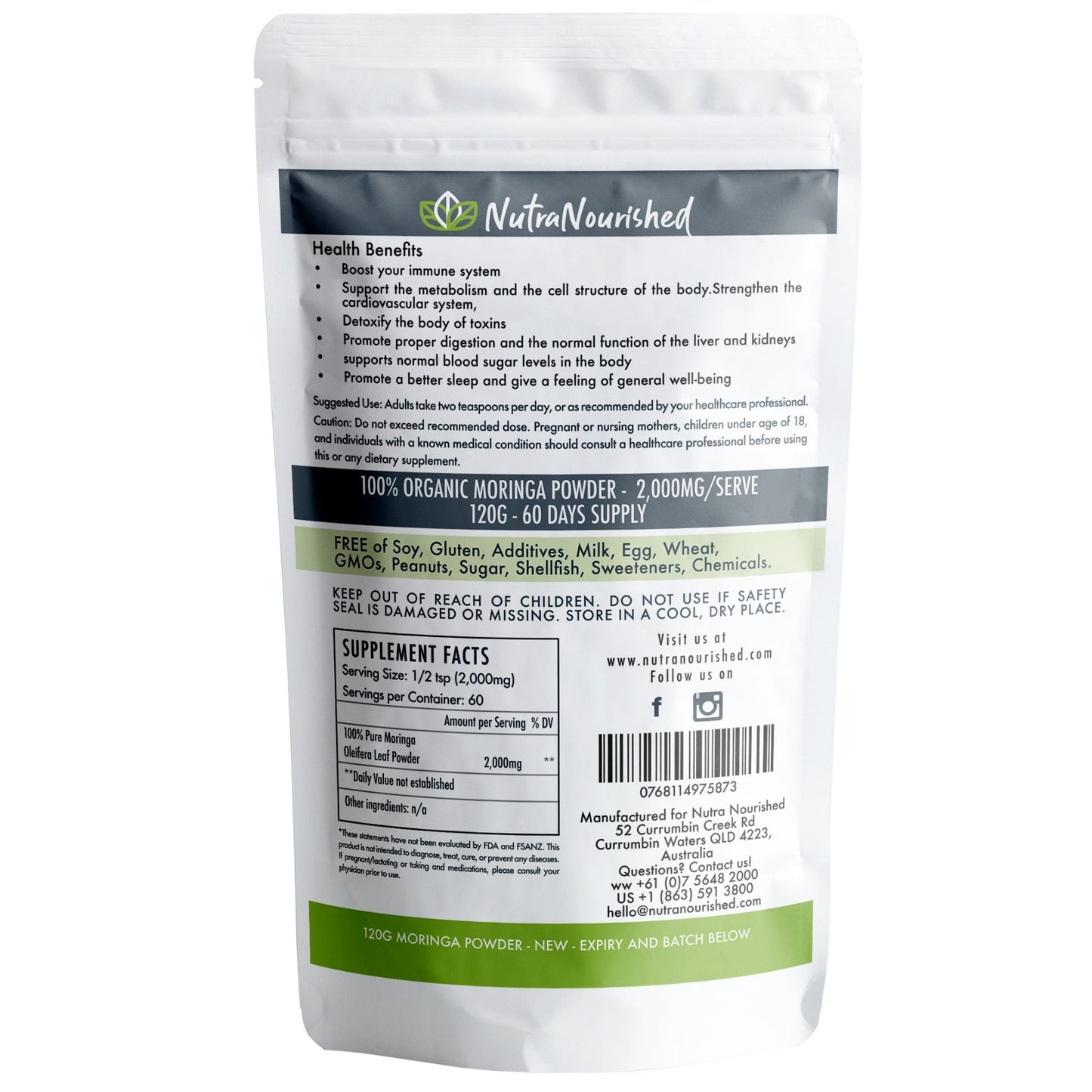 Organic pure Moringa leaf powder from Hlpmedical in a 120g container, fresh green Moringa powder for health and nutrition.