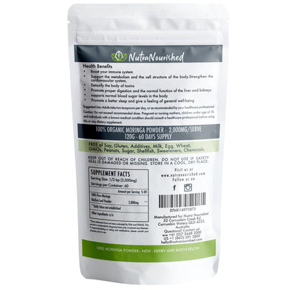 Organic pure Moringa leaf powder from Hlpmedical in a 120g container, fresh green Moringa powder for health and nutrition.