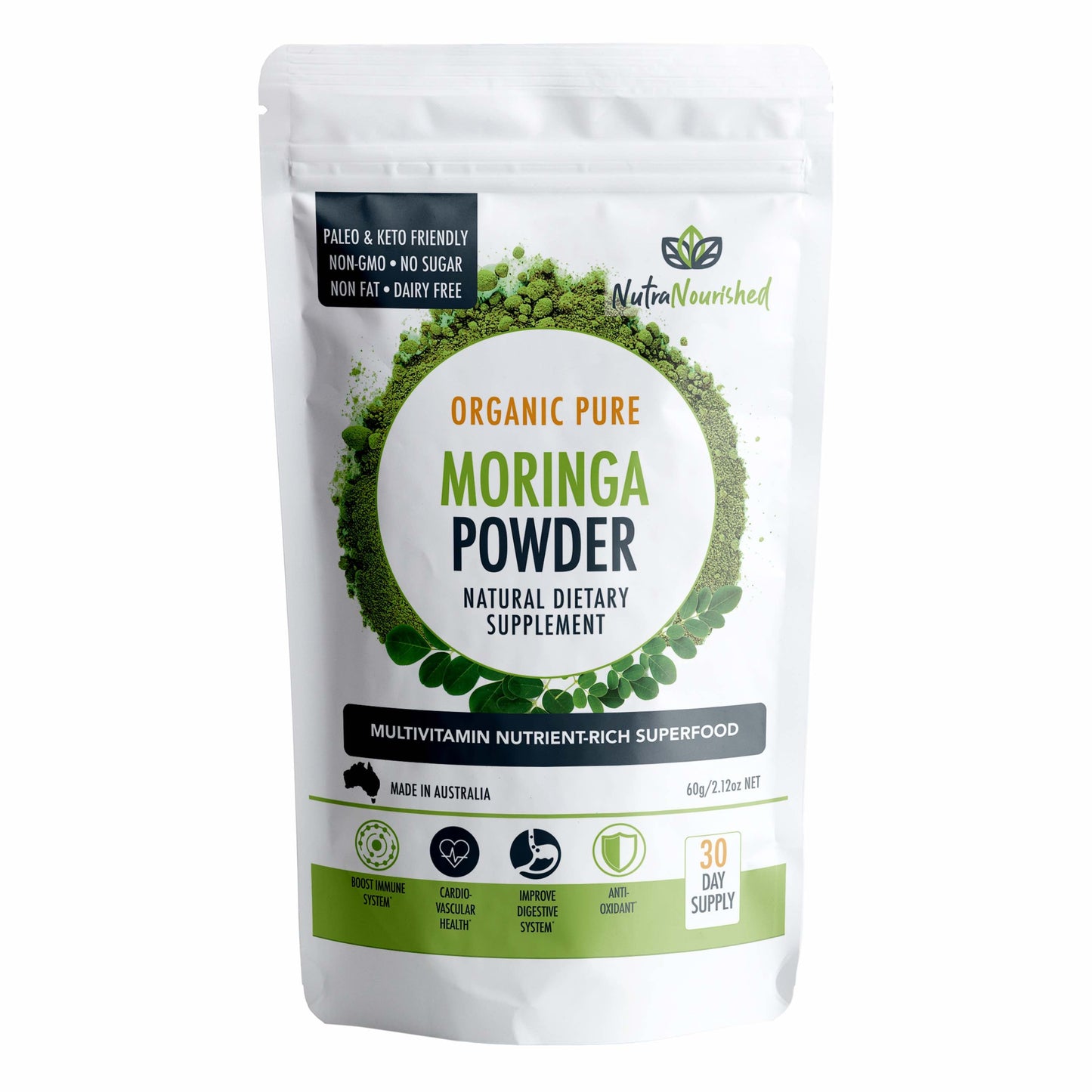 Organic Moringa leaf powder by Hlpmedical, 60g, showcasing vibrant green powder in a clear container for health and nutritional benefits.