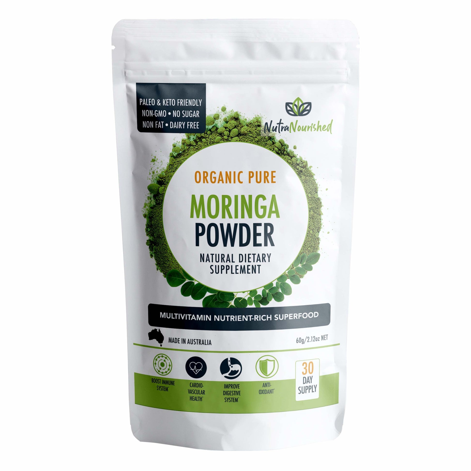 Organic Moringa leaf powder by Hlpmedical, 60g, showcasing vibrant green powder in a clear container for health and nutritional benefits.