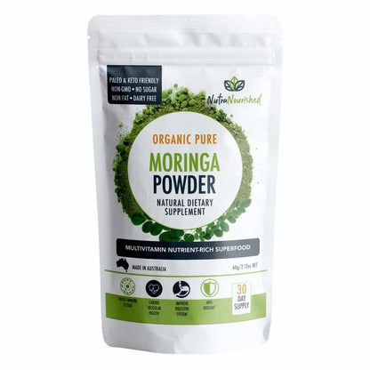 Organic Moringa leaf powder by Hlpmedical, 60g, showcasing vibrant green powder in a clear container for health and nutritional benefits.