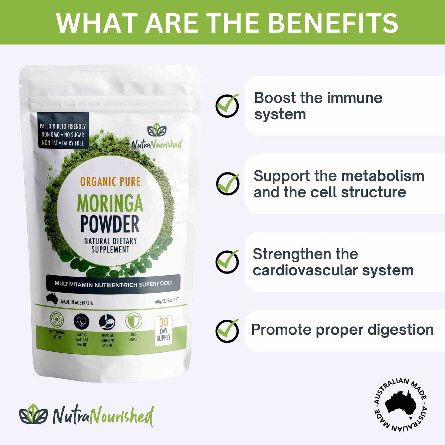 Organic Moringa leaf powder from Hlpmedical, 60g, in a resealable bag, showcasing vibrant green powdered supplement for health and nutrition.