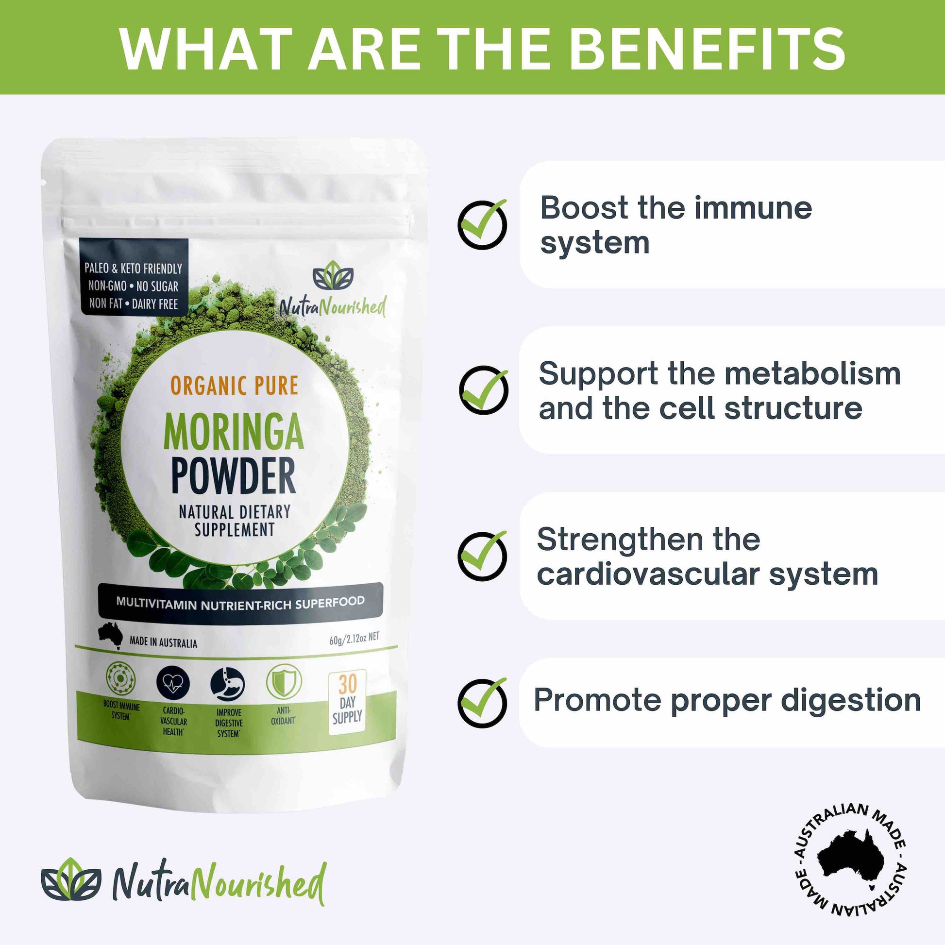 Organic Moringa leaf powder from Hlpmedical, 60g, in a resealable bag, showcasing vibrant green powdered supplement for health and nutrition.