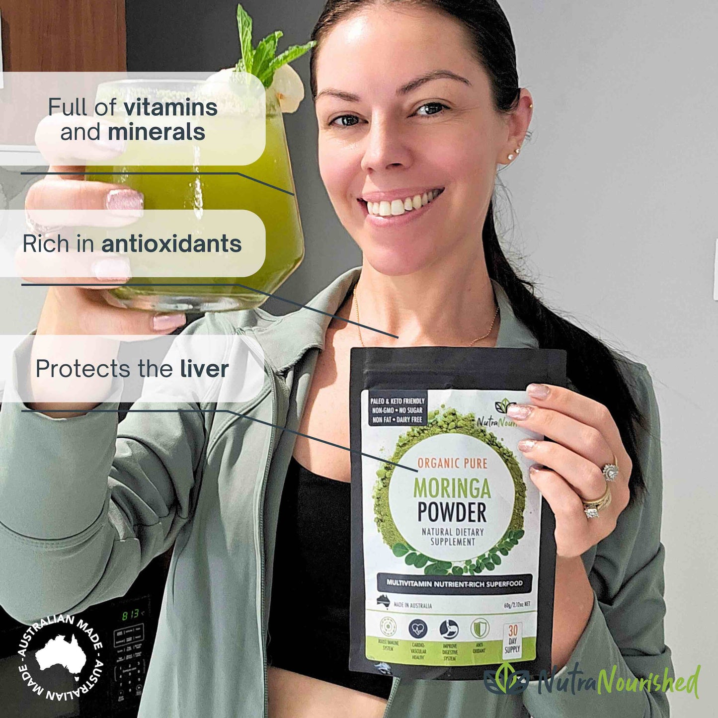 Organic Hlpmedical pure Moringa leaf powder in 60g package, vibrant green powdered supplement for health and nutrition.