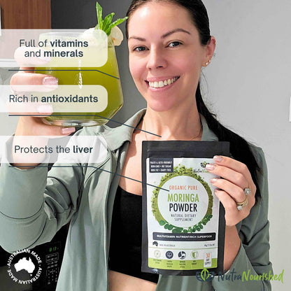 Organic Hlpmedical pure Moringa leaf powder in 60g package, vibrant green powdered supplement for health and nutrition.