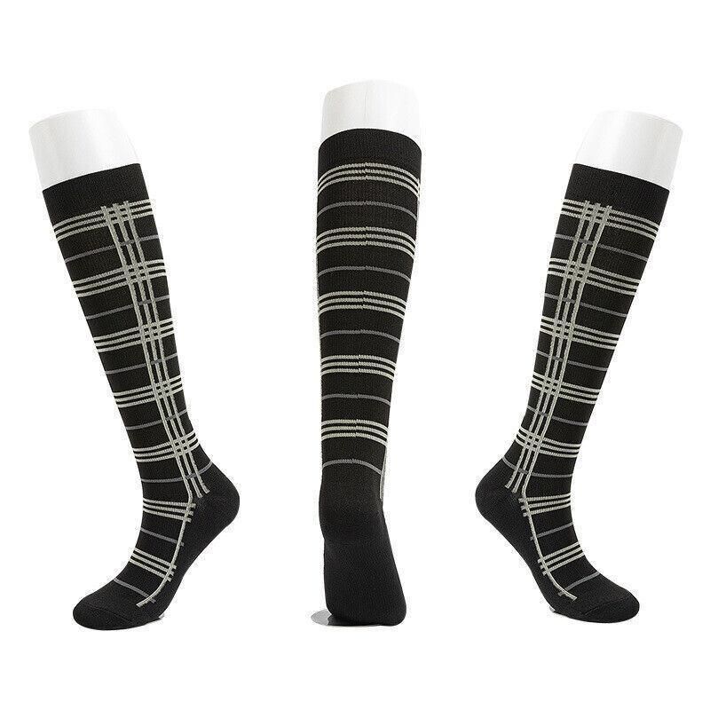 Black L/XL unisex compression socks from Hlpmedical, designed for nursing, travel, and sports, featuring a lattice pattern.