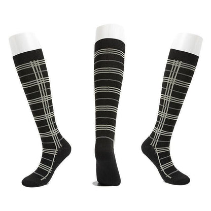 Black L/XL unisex compression socks from Hlpmedical, designed for nursing, travel, and sports, featuring a lattice pattern.