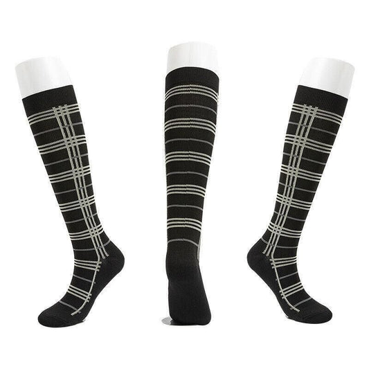 Black L/XL unisex compression socks from Hlpmedical, designed for nursing, travel, and sports, featuring a lattice pattern.