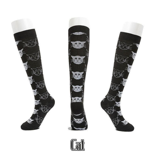 Unisex L/XL compression socks from Hlpmedical featuring a cat design, ideal for travel, nursing, and sport foot care.