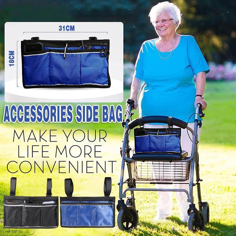 Black waterproof organizer side bag for wheelchairs and walkers, designed by Hlpmedical for easy access and secure storage.