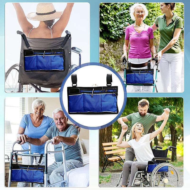 Black waterproof organizer side bag for wheelchairs and walkers, designed for easy access and secure storage by Hlpmedical.