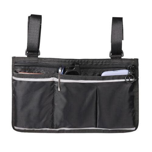Black waterproof organizer side bag for wheelchairs and walkers by Hlpmedical, hanging on a wheelchair for easy access.