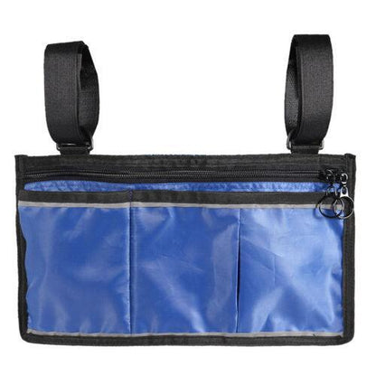 Black waterproof organizer side bag for wheelchairs and walkers, designed for easy access and durability by Hlpmedical.