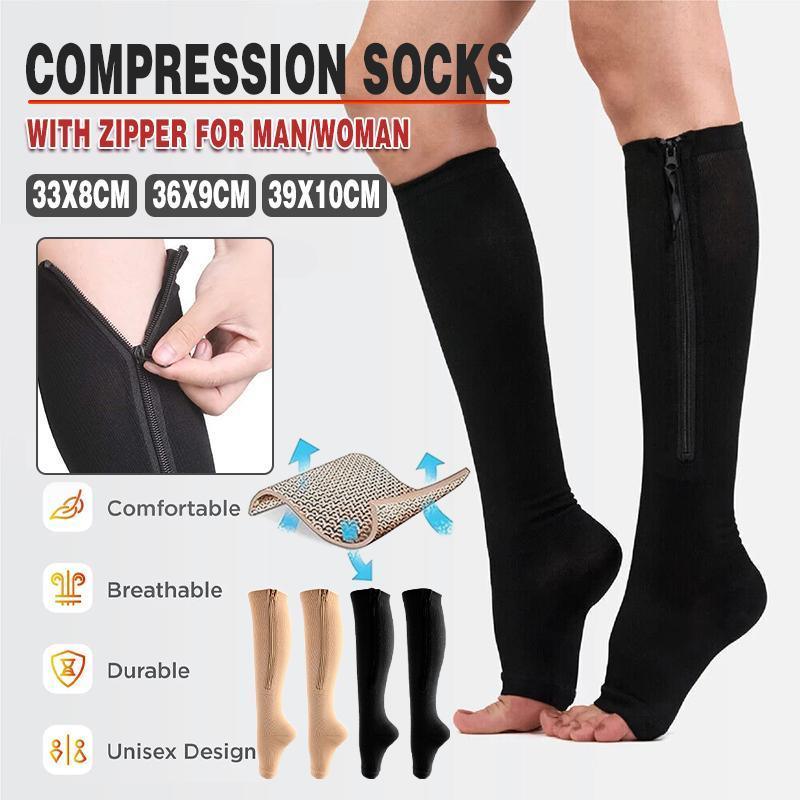 Beige Zip Sox compression socks by Hlpmedical with zipper closure, open toe design, leg support, and knee shaper for size L/XL.