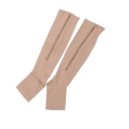 Beige Zip Sox compression socks with zipper, open toe design, leg support, knee shaper, Hlpmedical brand, L/XL size, pair