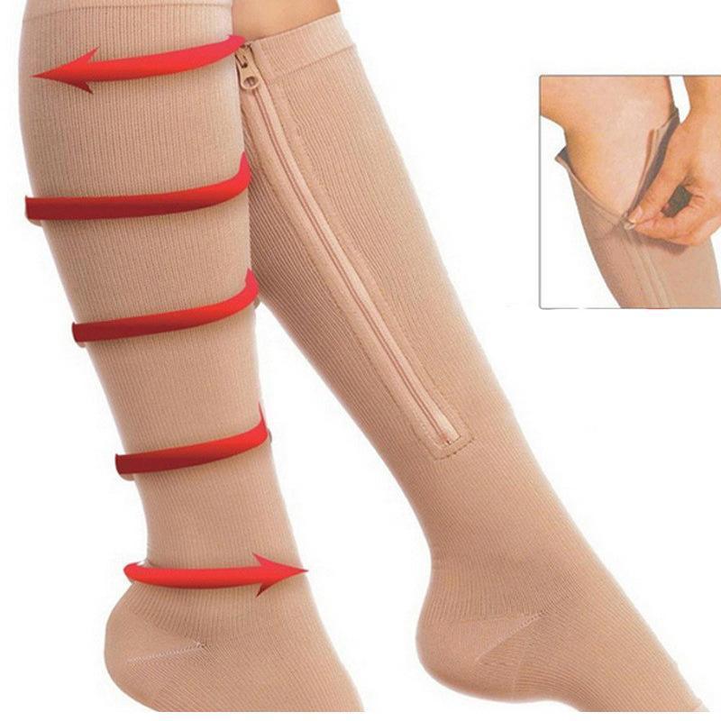 Beige Zip Sox compression socks by Hlpmedical with zipper closure, open toe design, knee support, L/XL size, pair for foot and leg comfort.