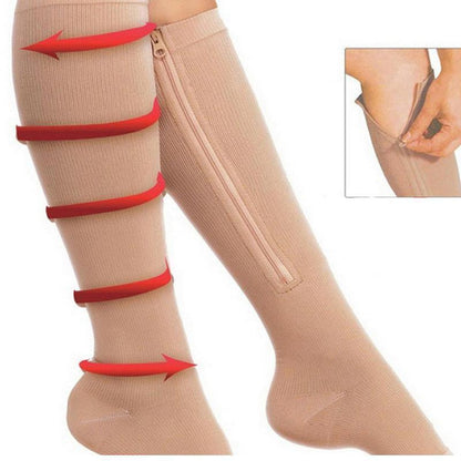 Beige Zip Sox compression socks by Hlpmedical with zipper closure, open toe design, knee support, L/XL size, pair for foot and leg comfort.